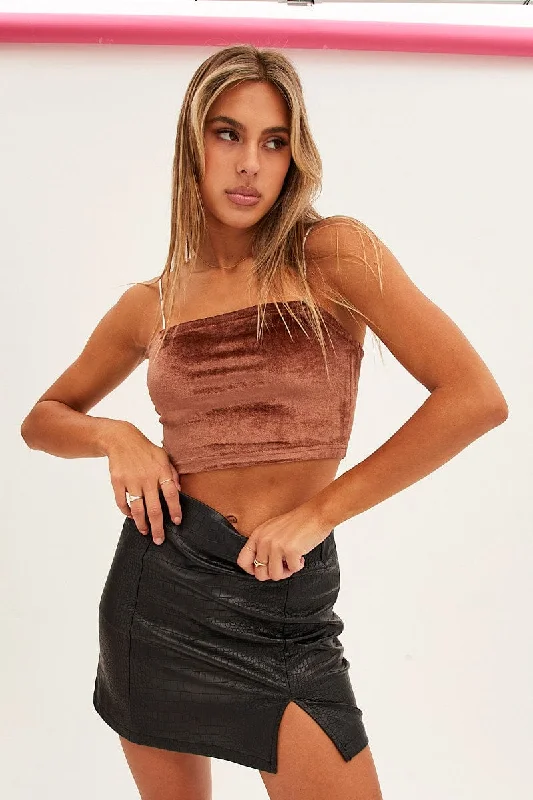 Brown Velour Singlet Lounge Crop Top Beaded Sequined Faux Fur