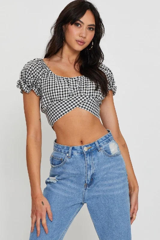 Check Crop Top Short Sleeve Wool Fabric Cashmere Fabric Tweed Fabric