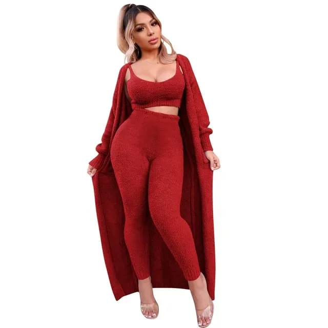 Solid Fuzzy 3 Piece Set Women Sexy Camisole Crop Top Full Sleeve Open Stitch Long Coat Cardigan High Waist Pencil Pants Suit - B-42677 Seamless Knitted Crochet