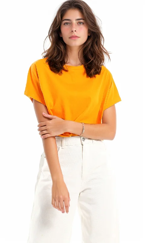 98848 Plain Round Short Sleeves Orange Crop Top Spandex Blend Rayon Blend Denim Blend