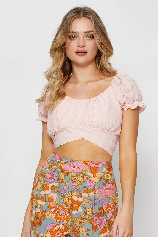 Pink Crop Top Short Sleeve Tie Up Front Pockets Side Pockets Patch Pockets