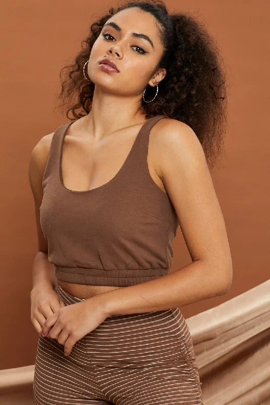 Brown Sweat Crop Top Notch Collar Peter Pan Collar Cowl Neck
