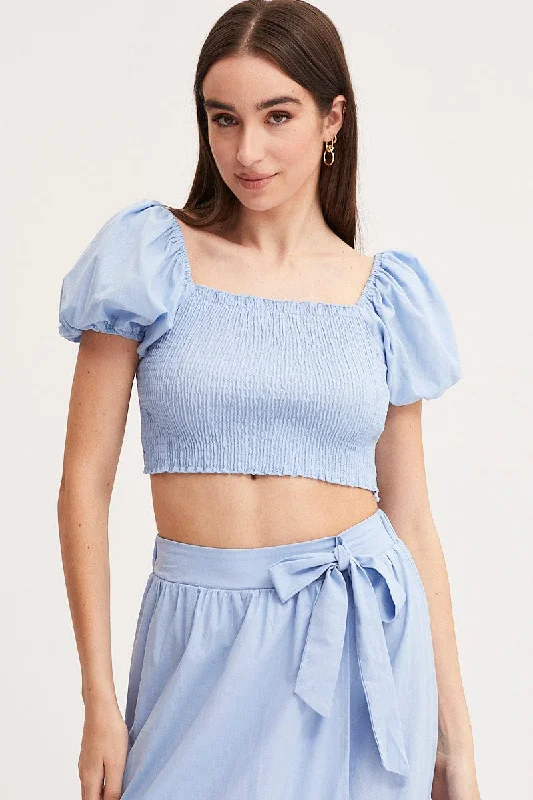 Blue Crop Top Short Sleeve Lace Blend Ribbed Blend Corduroy Blend