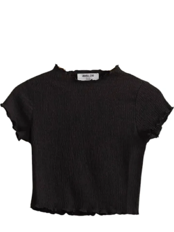 Textured Short Sleeve Crop Top In Black Plaid Crop Top Polka Dot Checkered