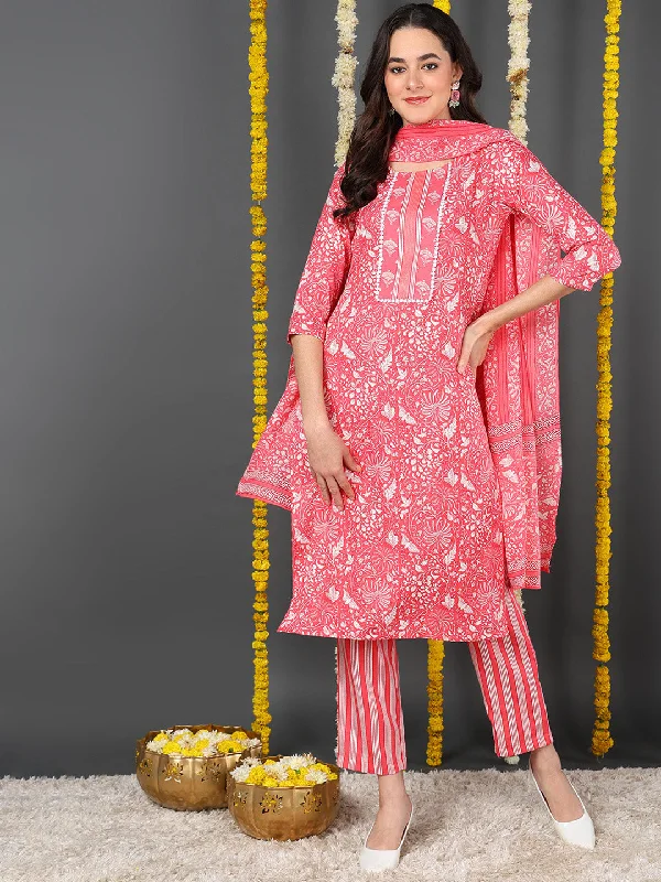 Pink Cotton Blend Floral Printed Straight Kurta Trouser With Dupatta Trousers Bridal Satin