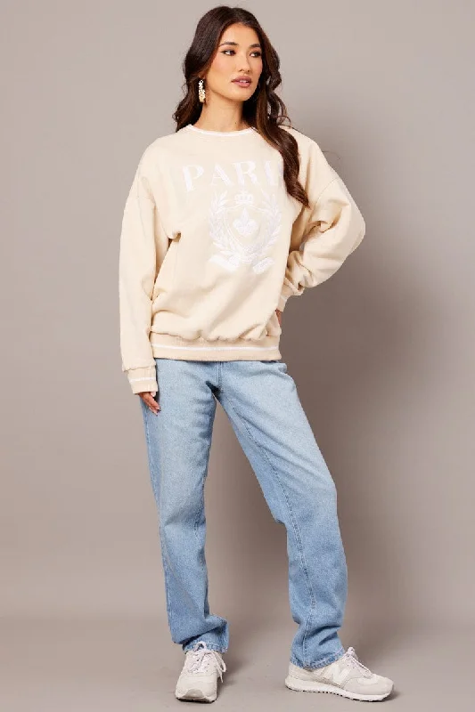 Beige Graphic Sweater Long Sleeve Cotton Fabric Linen Fabric Terry Fabric