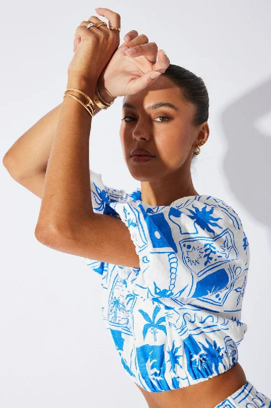 Blue Abstract Crop Top Short Sleeve Embroidered Appliqued Beaded