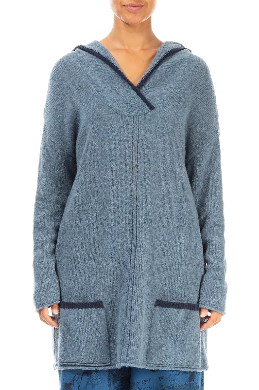 Hooded Sky Blue Wool Sweater Boxy Sweater Fitted Sweater A-Line