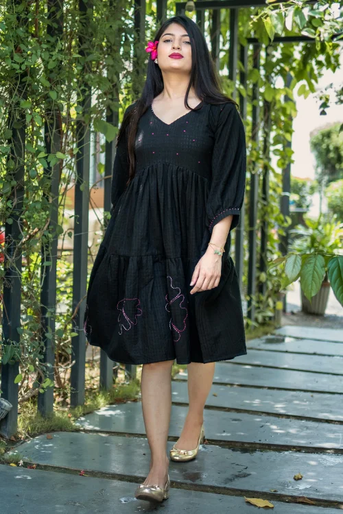 Bebaak Hand Embroidered & Handwoven  Black Tier Dress Tunics Stylish elegant