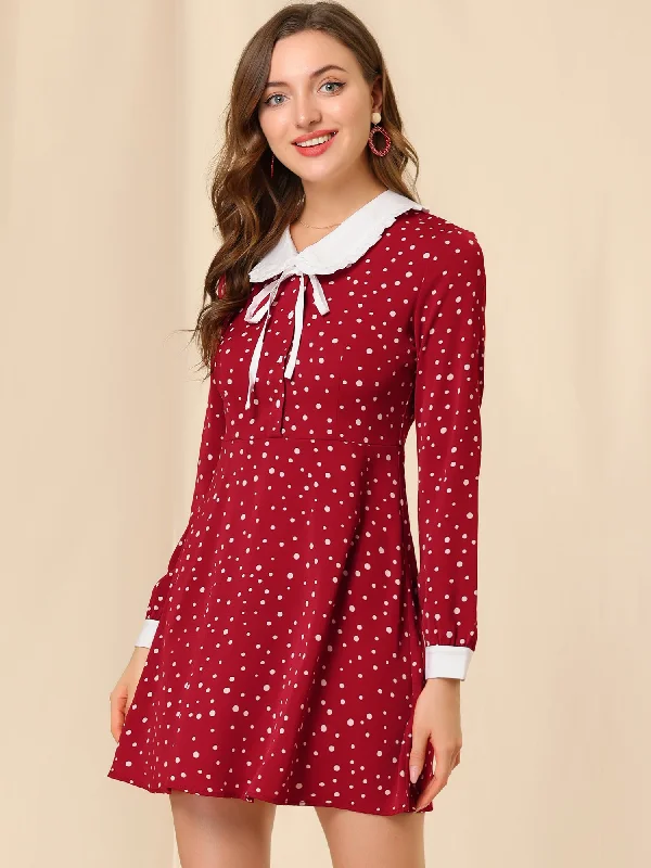 Polka Dots Sweet Tie Neck Contrast Peter Pan Collar Dress Tunic Top Casual