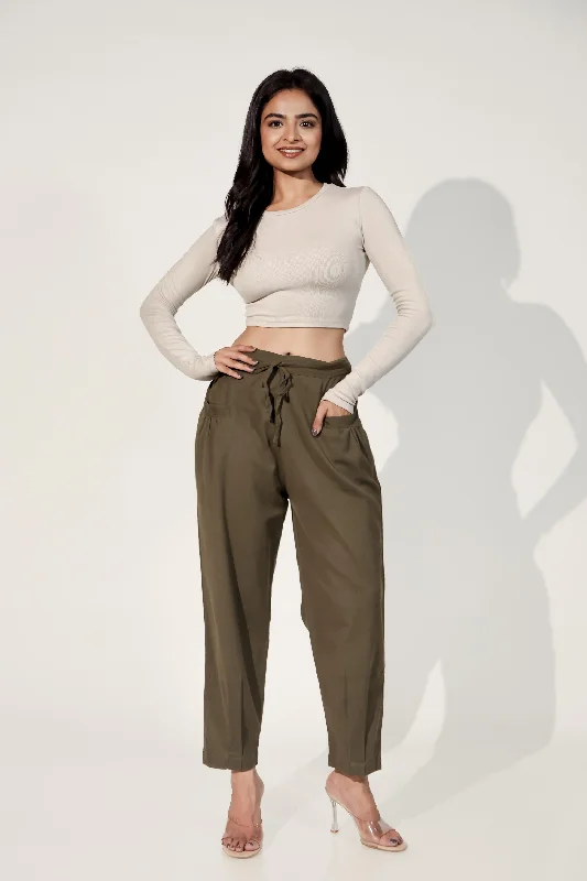 Army Green Women's Pleated-Narrow Trousers Trousers Recommended Stylist