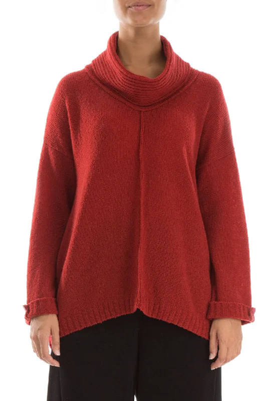 High Neck Red Wool Sweater Cable Knit Ribbed Knit Lace Knit