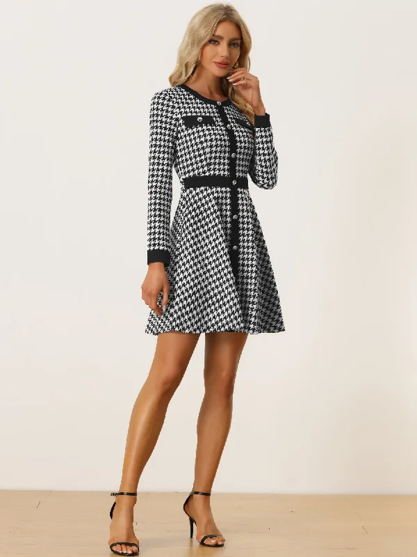 Houndstooth Plaid Contrast Color Crew Neck Button A-Line Dress Crew Neckline Sporty