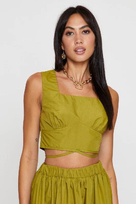 Green Crop Top Sleeveless Gathered Bust Chenille Brocade Lace