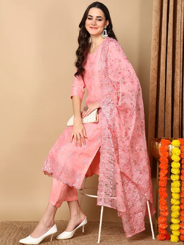 Pink Organza Floral Embroidered Straight Kurta Trouser With Dupatta Trousers Occasion Special