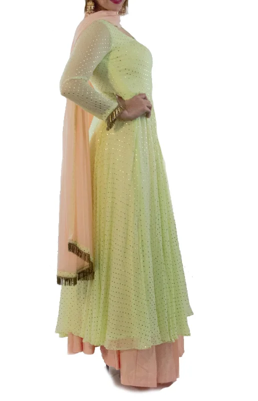 Sea Green Anarkali suit set having Golden Dots with Skirt and Dupatta chiffon skirt lightweight