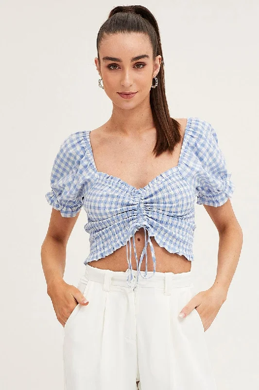 Check Crop Top Short Sleeve Sweetheart Ruched Front Plaid Crop Top Polka Dot Checkered