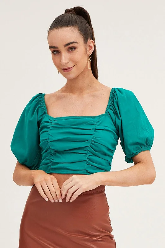 Green Crop Top Short Sleeve Houndstooth Herringbone Solid