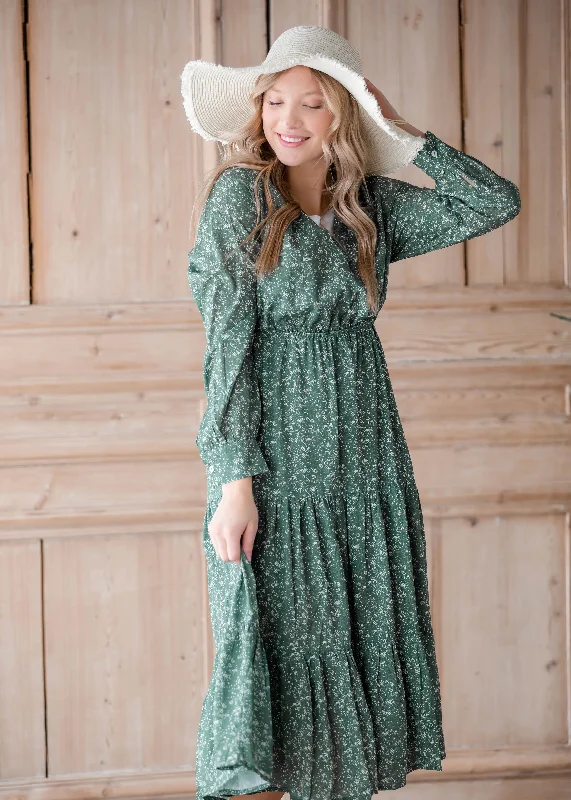 Cross Over Longsleeve Green Ditsy Print Dress - FINAL SALE Tunics Luxurious premium