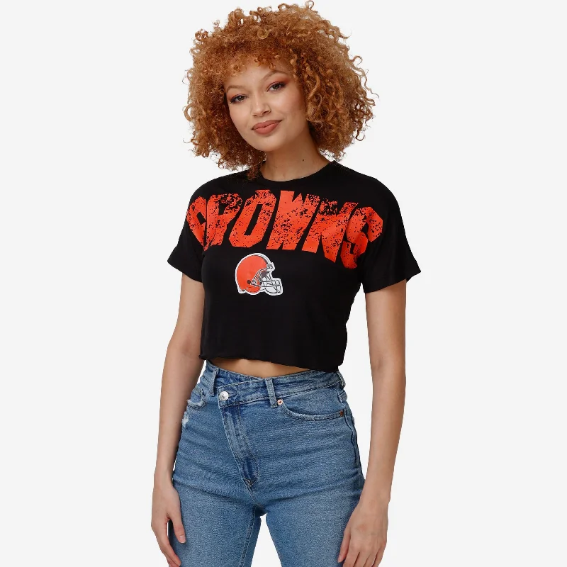 Cleveland Browns Womens Distressed Wordmark Crop Top Welt Pockets Slit Pockets Flap Pockets