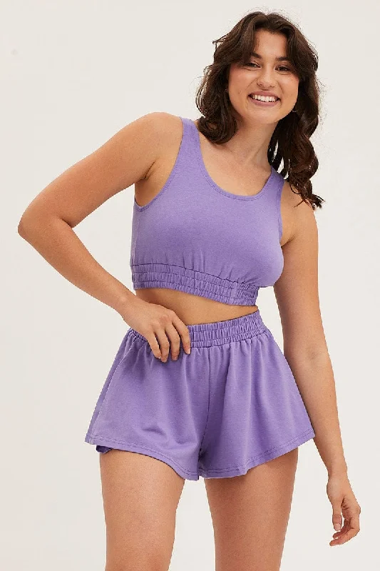 Purple Crop Top Loungewear Set Summer Crop Top Casual Short Sleeve