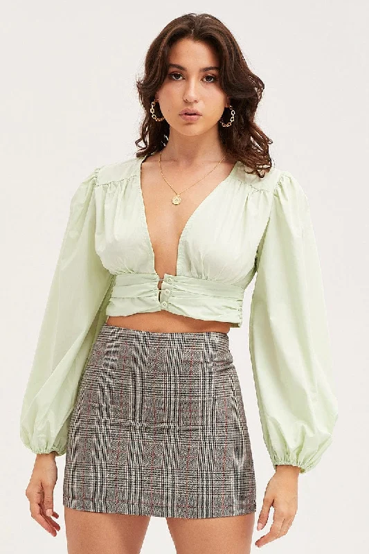 Green Crop Top Long Sleeve Handmade Hand-knitted Hand-woven