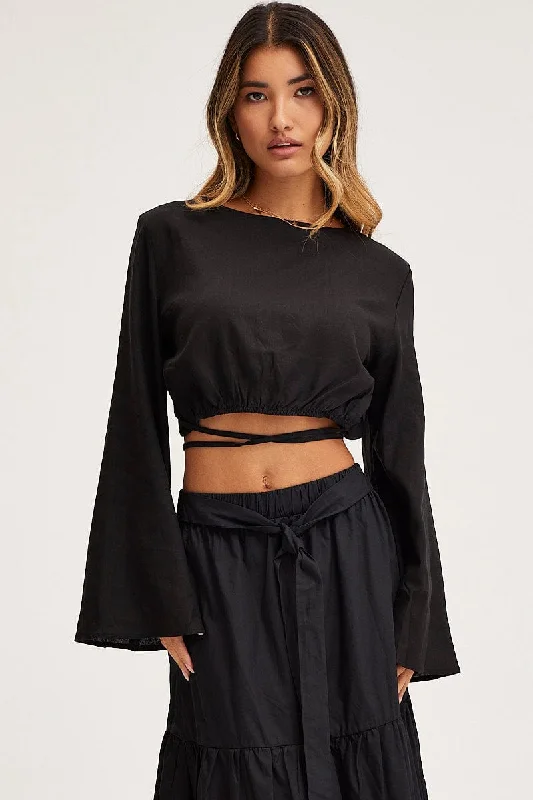 Black Crop Top Long Sleeve Fashionable Trendy Casual