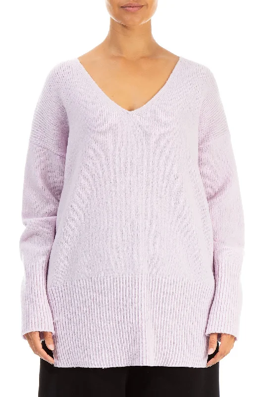 Boxy V-Neck Light Pink Wool Sweater Toggled Drawstring Belted