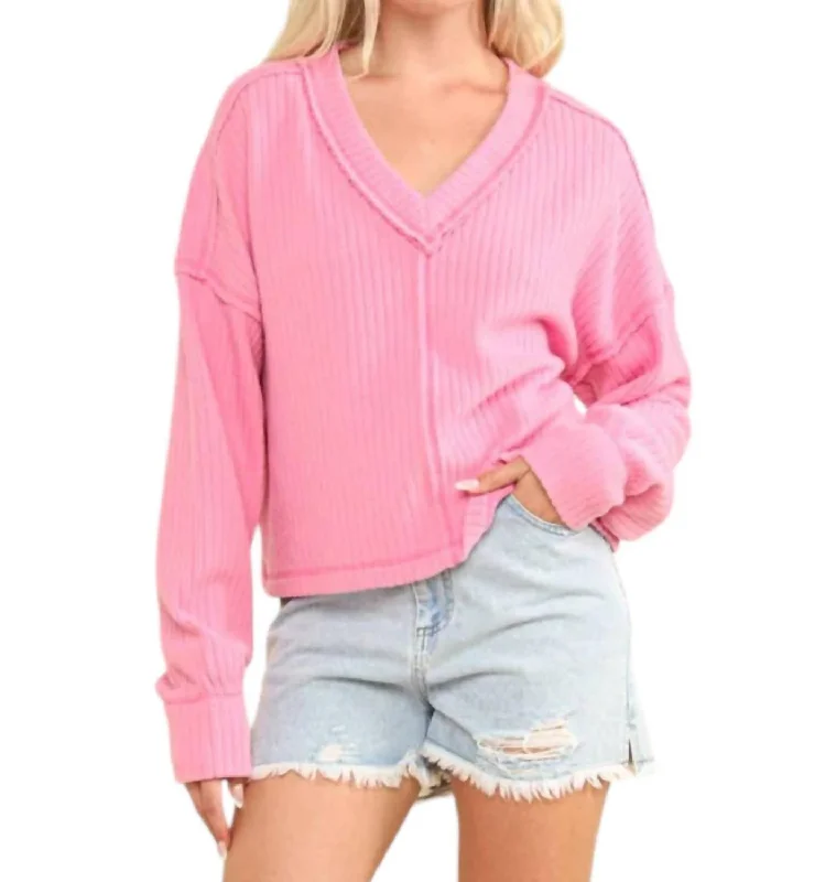 Vneck Raw Hem Cozy Sweater In Pink Ribbed Striped Patterned