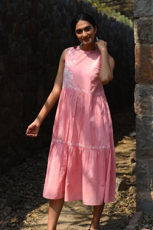 Rangsutra Nargis Pink Kashmiri Crewel Hand Embroidered Long Cotton Dress Tunics Formal black