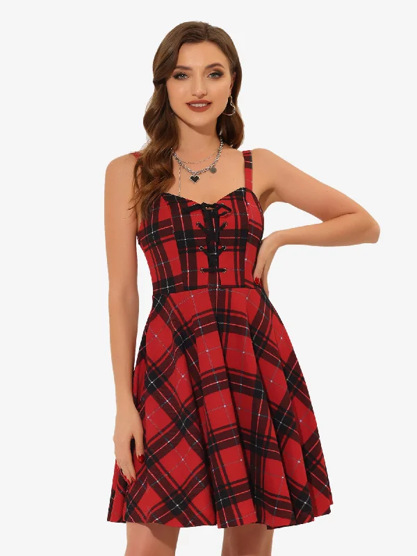 Plaid Gothic Vintage Lace-Up Sleeveless A-Line Dress Tunics Solid Classic