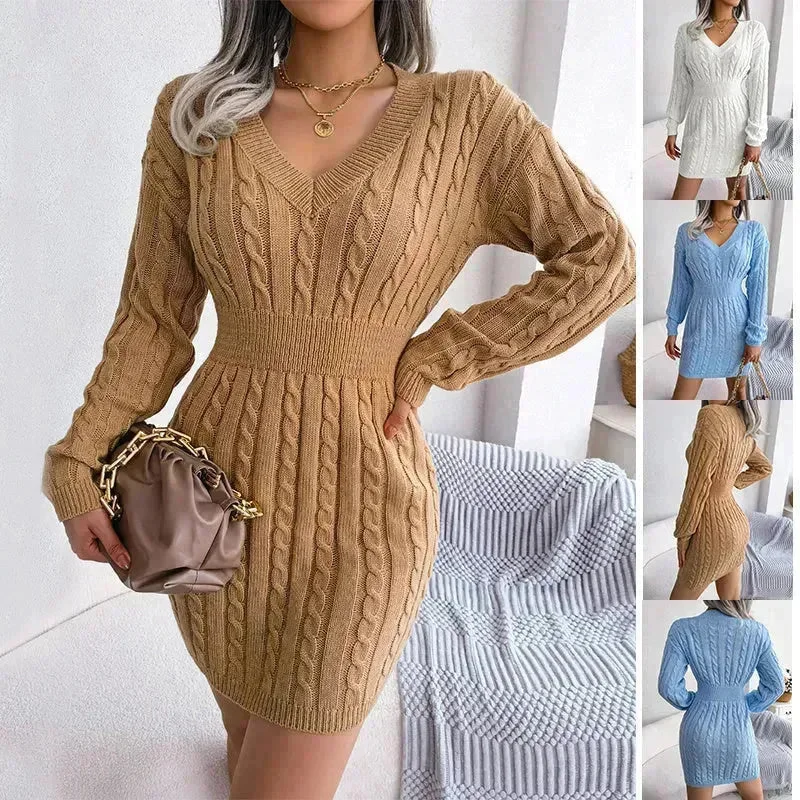 Solid Color V-Neck Long Sleeve Slim fit Winter Knit Mini  sweater Dress Slim Graphic Sweater Embroidered Appliqued