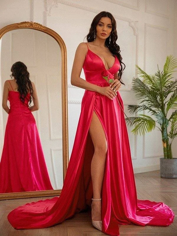 A-Line/Princess Silk like Satin Ruched V-neck Sleeveless Sweep/Brush Train Dresses Tunics Designer luxury
