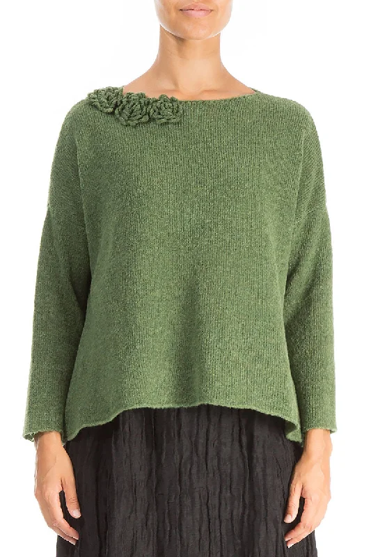 Rosette Dark Sage Wool Sweater Mesh Blend Leather Blend Suede Blend