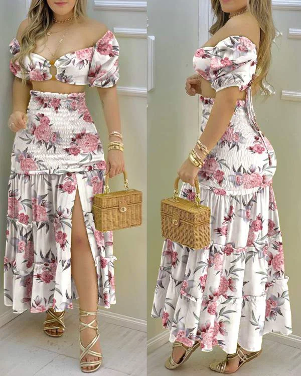 ORing Crop Top Frill Hem Shirred Slit Maxi Skirt Set Hooded Caped Shawl Collar