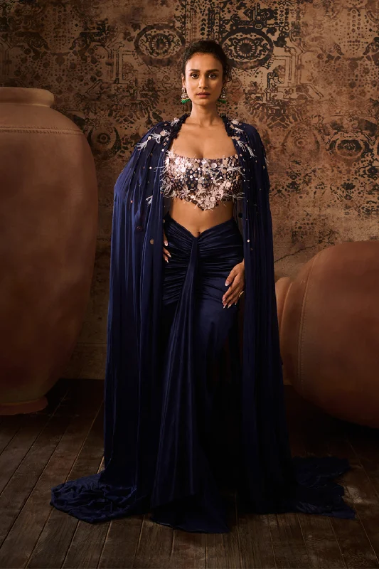 Navy Blue Embroidered Corset With Embroidered Cape With Drape Skirt linen skirt light