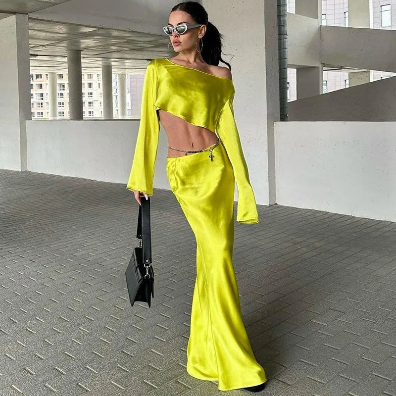 ADVBRIDGE 2 Piece Dress Sets Glossy Satin Women Slash Neck Off Shoulder Long Sleeve Crop Top Bodycon Maxi Skirts Clubwear Sexy Party Suit Cotton Fabric Linen Fabric Terry Fabric