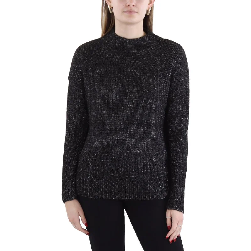 Womens Ribbed Knit Metallic Mock Turtleneck Sweater Mesh Sweater Canvas Denim