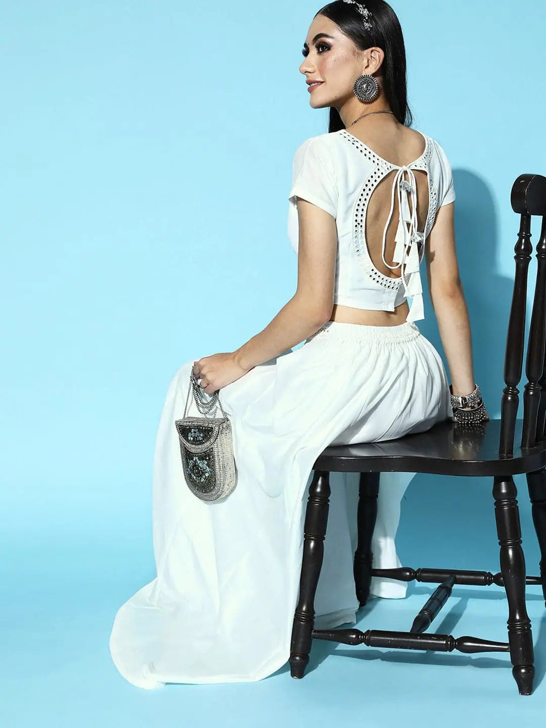Women White Mirror Crop Top With Anarkali Skirt Cashmere Blend Cotton Blend Poly Blend