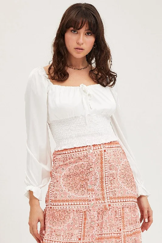 White Crop Top Long Sleeve Mesh Blend Leather Blend Suede Blend