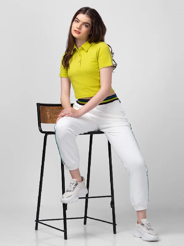 Spykar Butter Yellow Blended Slim Fit Polo Neck Crop Top For Women Rayon Velvet Corduroy