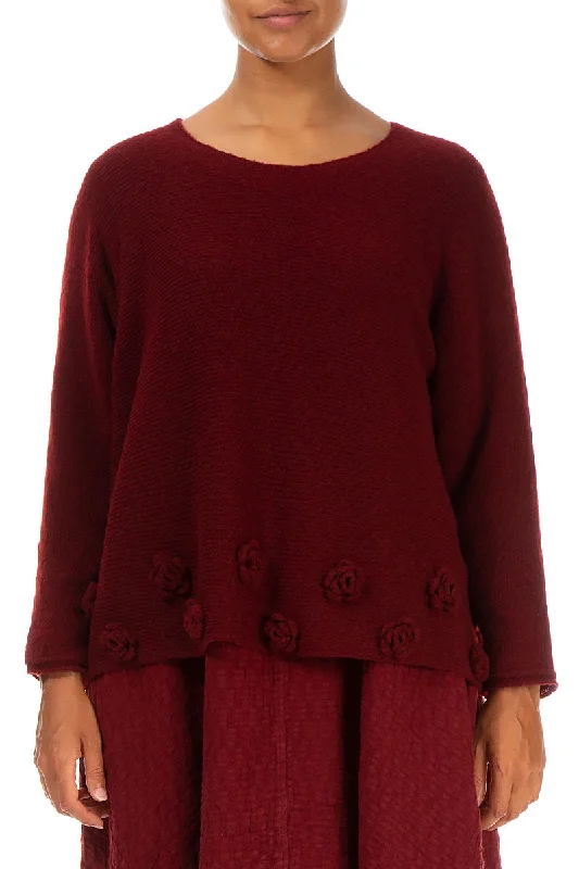 Flowers Maroon Wool Sweater Spandex Blend Rayon Blend Denim Blend