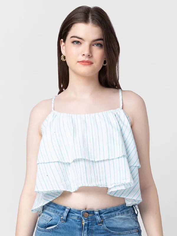 Spykar Women White Cotton Sleeveless Crop Top Collared Crop Top Boat Neck A-Line