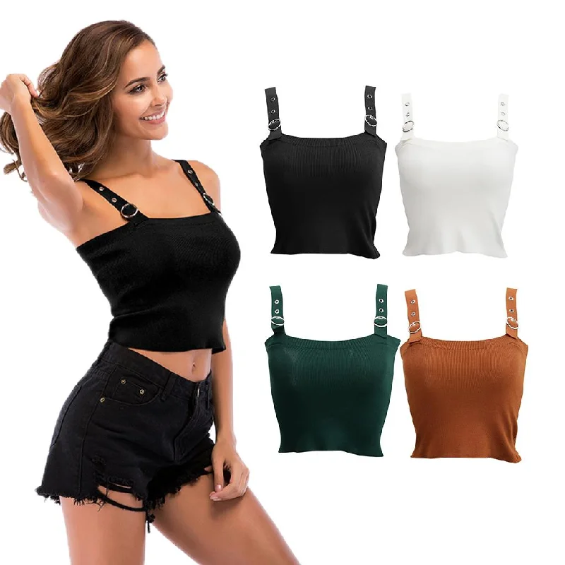 Maxbell Women Casual Basic Vest Off the Shoulder Knit Crop Tops Tank Camis Black M Lace Blend Ribbed Blend Corduroy Blend