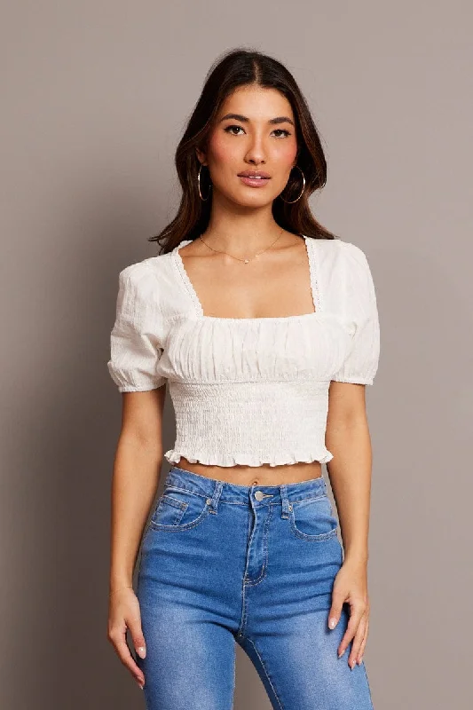 White Crop Top Short Sleeve Shirred Waist Polka Dot Checkered Tartan