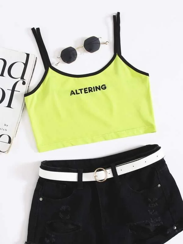 Neon Green Letter Graphic Double Strappy Crop Top Notch Collar Peter Pan Collar Cowl Neck