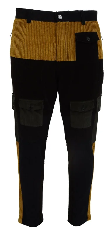 Elegant Black Tapered Trousers With Yellow Accent Chinos Cotton Straight Leg