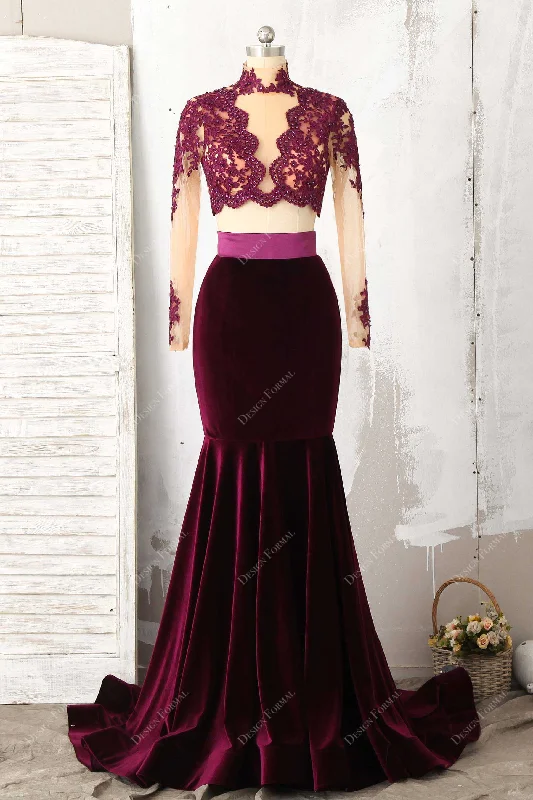 Two Piece Plum Lace Velvet Mermaid Prom Dress Sexy Sheer Crop Top Thin Crop Top Open Front Quick Dry