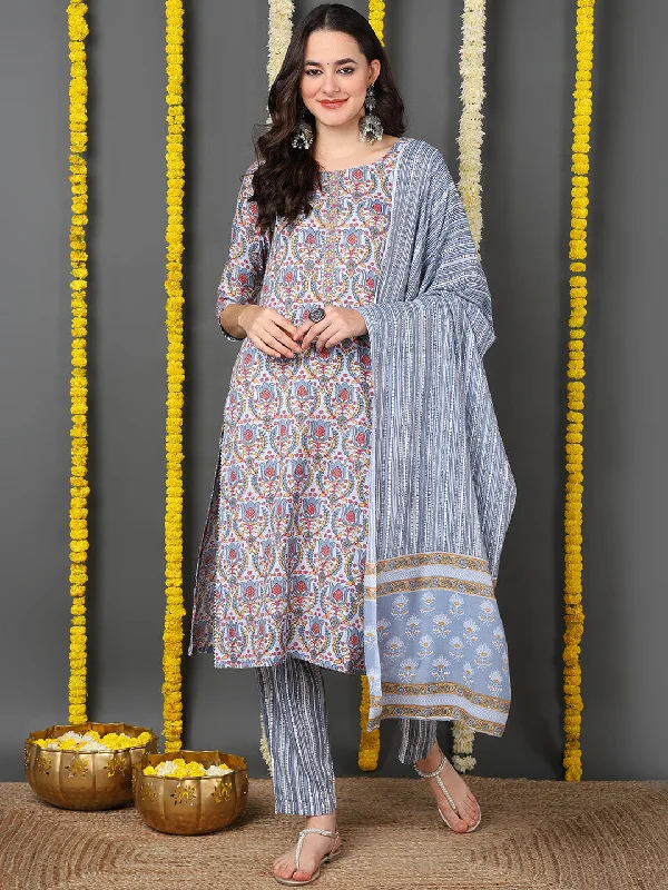 Grey Cotton Blend Ethnic Motifs Printed Straight Kurta Trouser With Dupatta Trousers Business Professional