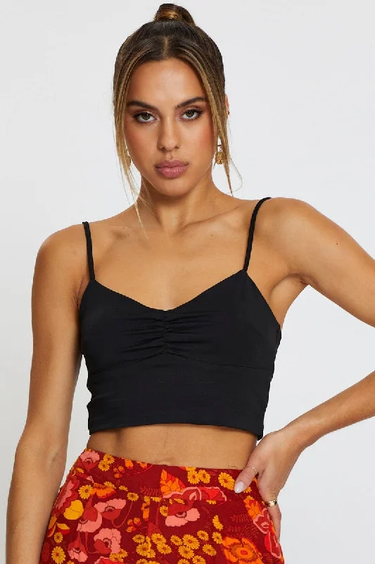 Black Crop Top Notch Collar Peter Pan Collar Cowl Neck